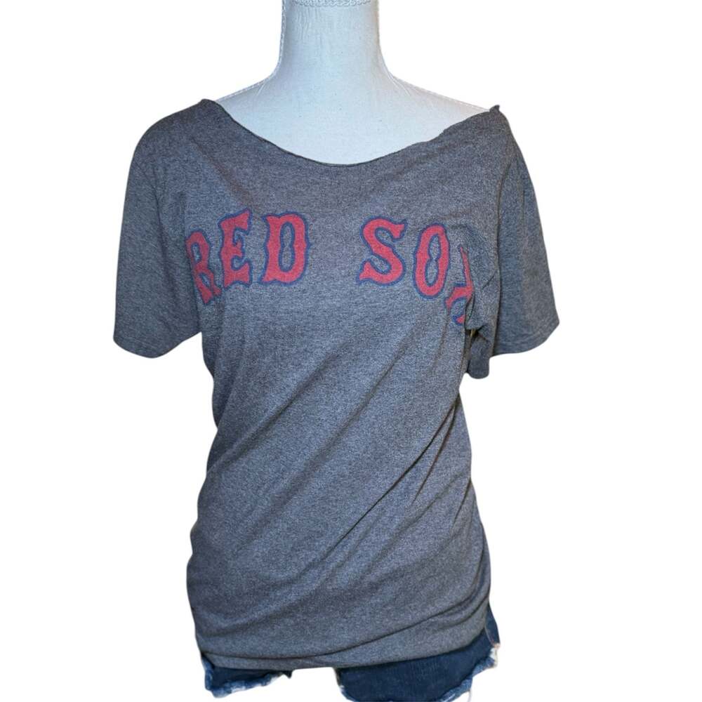 Red Sox Off Shoulder T Shirt Womens Gray Wide Neck Slouchy‎ Casual Baseball Tee - Picture 3 of 5